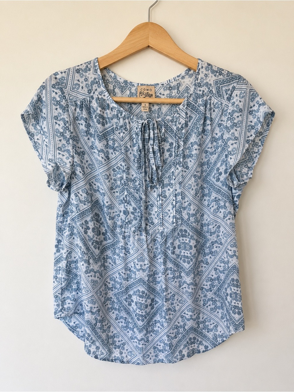 Como Vintage Women's Blue Printed Tie-Neck Peasant Top - Picture 2 of 8